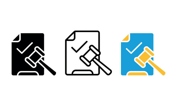 Legal document icon set with gavel and checkmark symbols
