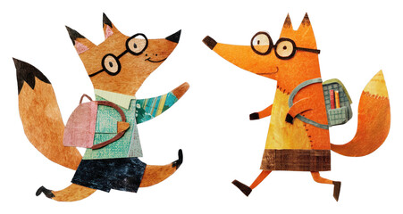 Fototapeta premium PNG Playful fox friends walking with school backpacks illustration, transparent background
