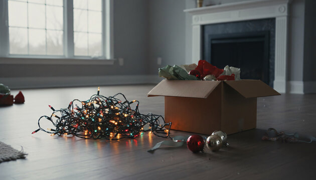 Unpacking Christmas decorations in new house with string lights and ornaments on floor