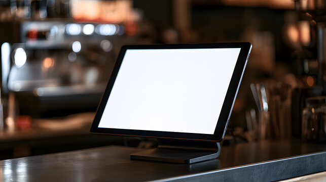 POS terminal with a blank white screen sits on a counter inside a modern coffee shop.
