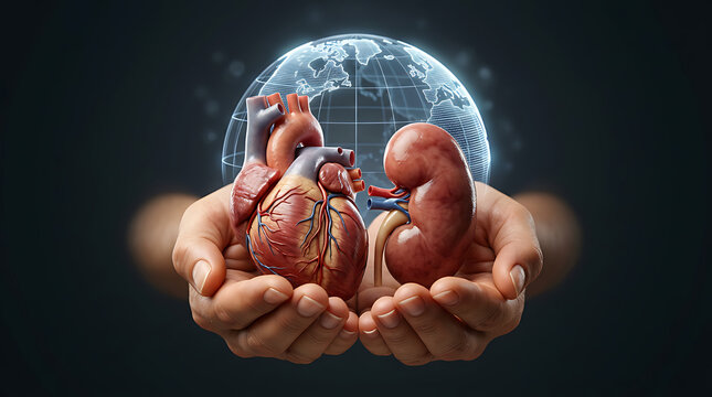 Human heart and kidney organs held in hands with digital globe medical concept