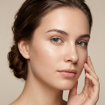 Portrait of young woman with clear skin touching her face facial care beauty portrait glowing skin smooth skin