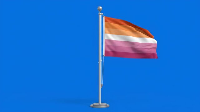 Lesbian pride flag waving on a flagpole against a vibrant blue background, symbolizing LGBTQ+ community and identity.