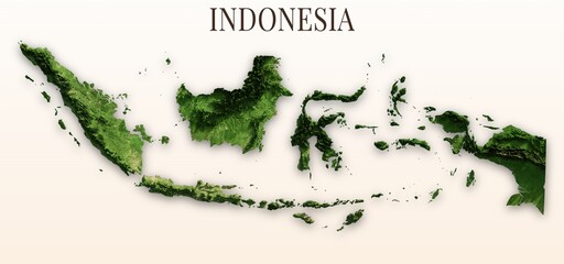 Indonesia Shaded Relief Map. Hillshaded physical terrain map illustration. Light background with title. Illustration elements derived from NASA Imagery and NASADEM Global Elevation Model. © Eugene Ga