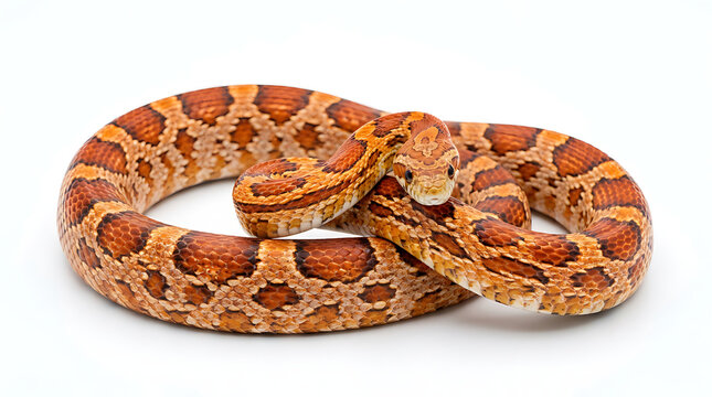 Coiled orange corn snake isolated on white background for wildlife and pet photography