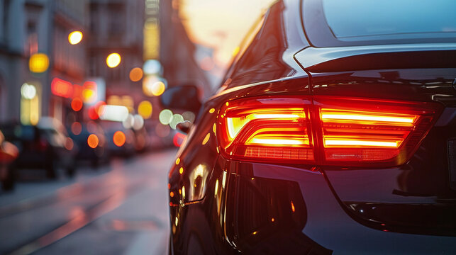 Modern vehicle parked on city street during dusk with illuminated taillights glowing bright red and orange bokeh background from urban lights creating a warm cinematic atmosphere for commute concepts
