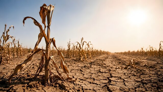 Parched corn stalks in cracked dry earth under harsh sunlight