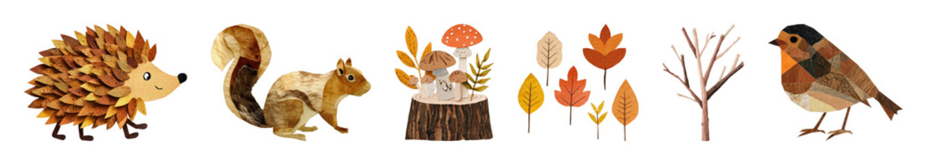 Fototapeta premium PNG Cute autumn woodland animals and foliage illustration set, transparent background