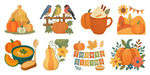 Obraz premium PNG Vintage thanksgiving autumn illustration set with pumpkins and foliage, transparent background