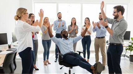 Fototapeta premium Smiling office team applauding seated colleague during promotion celebration in bright modern workspace with desks, monitors, plants, and large windows