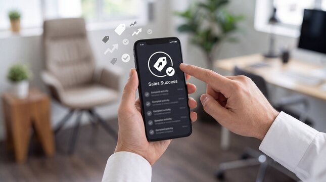 A man uses a mobile phone to check sales success metrics in a modern office with holds smartphone displaying success analytics digital icons office environment person holds communication