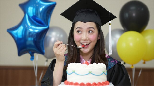 Young graduate in cap eating cake at graduation party with balloons, with graduate, graduation, cap, gown detail, showing tassel, celebration, party