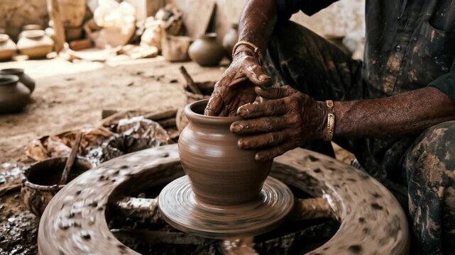 traditional indian pottery craft close up of hands at work