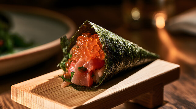 Temaki sushi cone filled with fresh salmon and roe sitting on a small wooden tray at a restaurant.