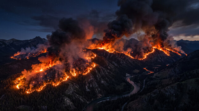 Intense forest fire burning across a dark mountain range with a river flowing in the deep valley