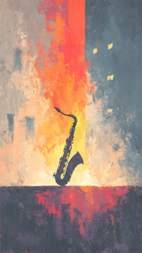 Saxophone jazz music instrument flame fire abstract illustration painting. Dramatic saxophone silhouette in bright flame, jazz music concept with smoky texture, warm orange glow, urban night mood