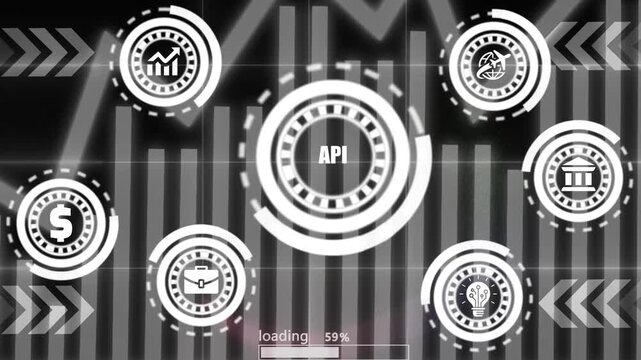 Digital api technology interface screen with business data icons loading in black motion.