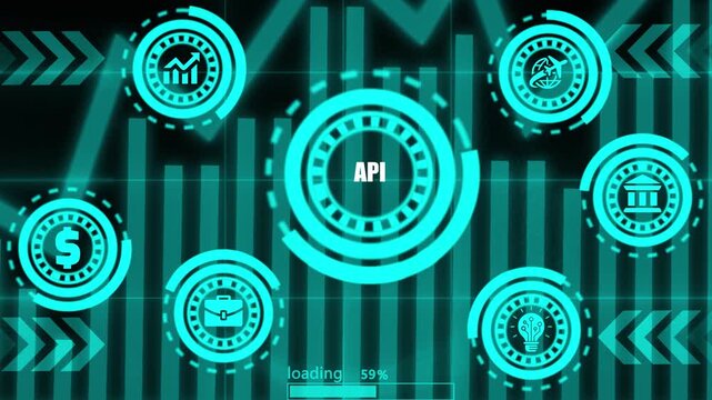 Api interface motion graphics showing financial technology icons and loading progress bar.