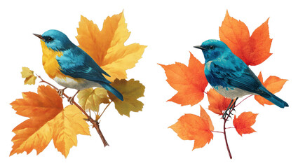 Naklejka premium PNG Colorful birds perched on autumn leaves, transparent background