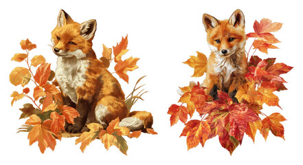 Fototapeta premium PNG Autumn fox illustration with colorful fall leaves, transparent background