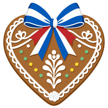 Oktoberfest Gingerbread Heart Cookie with Ribbon Bavarian Festival Sweet Bakery Souvenir Vector Illustration