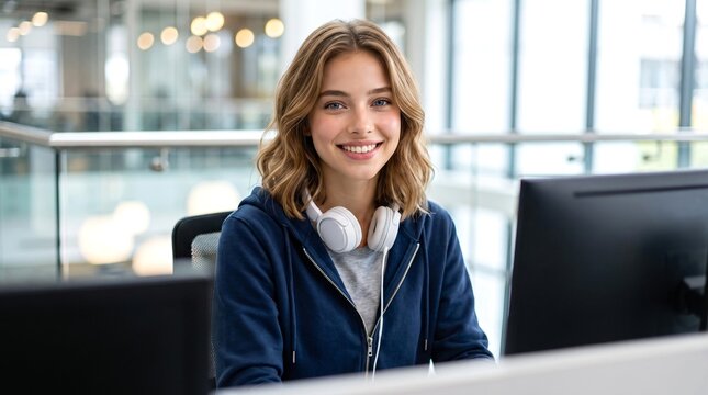 Portrait of a Cheerful young Female Software Engineer With White Headphones Around Her Neck Smiling at Camera While Writing Program Code on a Desktop Computer in a Office.