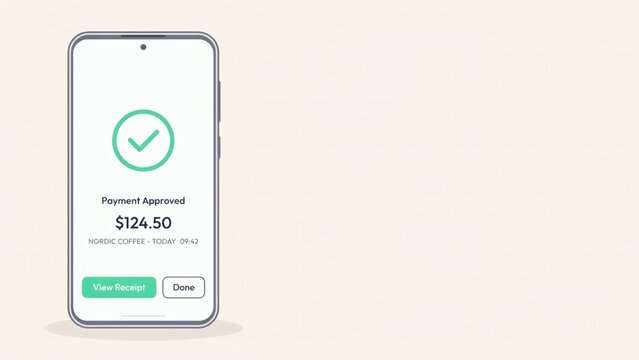 Smartphone displaying a successful payment confirmation screen with a green checkmark on a light background with digital transaction confirmation
