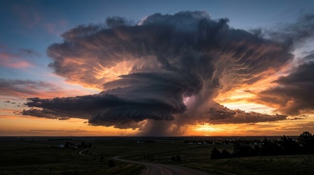 Dramatic Supercell Thunderstorm at Sunset.