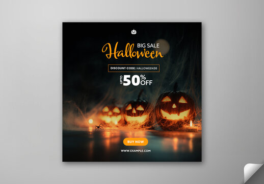Editable Halloween Big Sale Social Media Template with 50 Percent Off on Jack O Lantern.