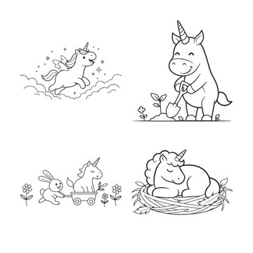Cute unicorn illustrations in playful scenes