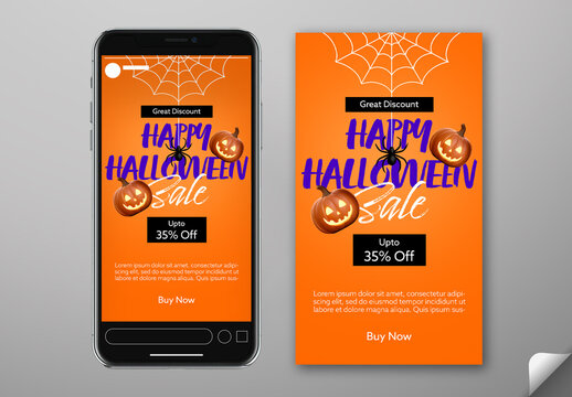Editable Halloween Sale Social Media Story Template Design with 35 Percent Off in Smartphone Display.