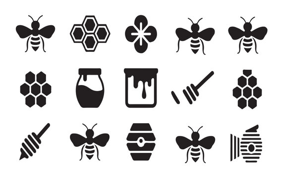 Black silhouette of bees and honey elements including beehives and jars for natural sweet product labels.