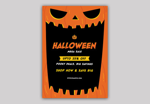 Editable Halloween Mega Sale Flyer Template Design with 35 Percent Off on Creepy Pumpkin Face Background.