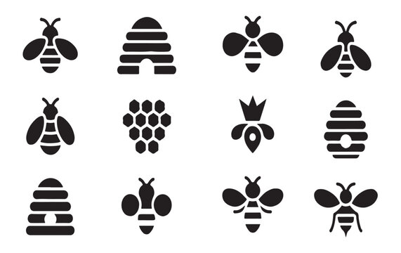 Black silhouette of bees and beehives in various forms for apiary products and natural honey branding.