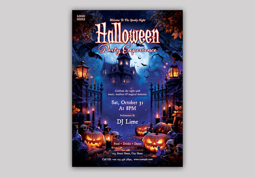 Editable Halloween Party Flyer Template Design for DJ Night Club Event Promotion.
