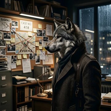 Anthropomorphic wolf detective in dimly lit office with evidence board