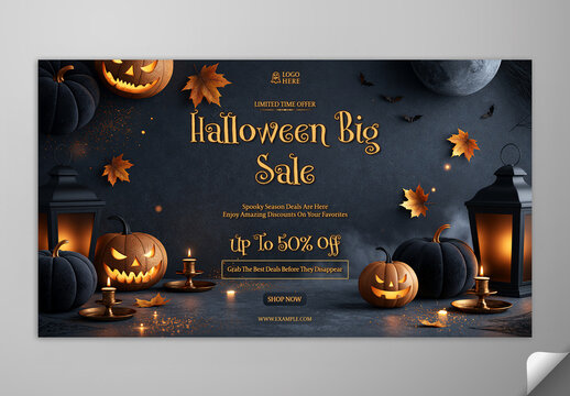 Editable Halloween Big TV Ads Banner with 50 Percent Off and Pumpkin, Oil Lamp Illuminated on Dark Background.