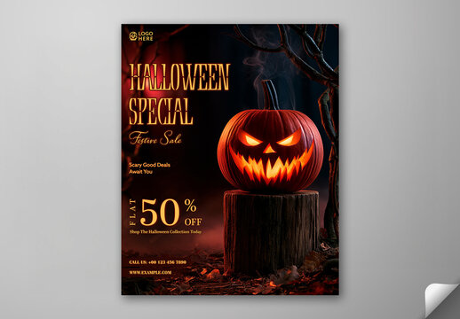 Editable Halloween Festival Sale Social Media Post Template with 50 Percent Off on Spooky Pumpkin on Tree Stump.