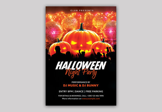 Editable Halloween Night Party Flyer Template Design with Glowing Jack-o'-Lantern and Dancing People in Club.
