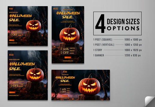 Editable Halloween Festival Sale Social Media Post Banner Template Set with Jack O Lantern on Tree Stump.