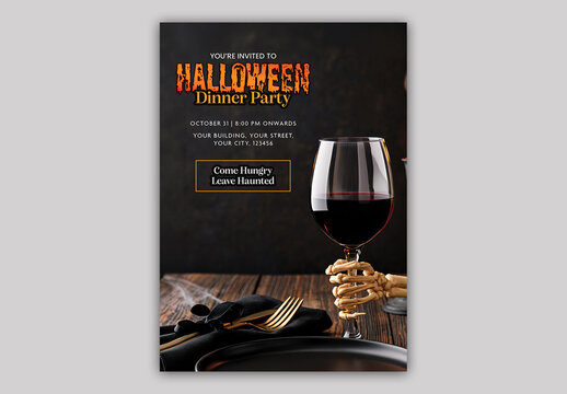 Editable Halloween Party Flyer Template Design with Skeleton Hand Holding Wine Glass and Event Details.