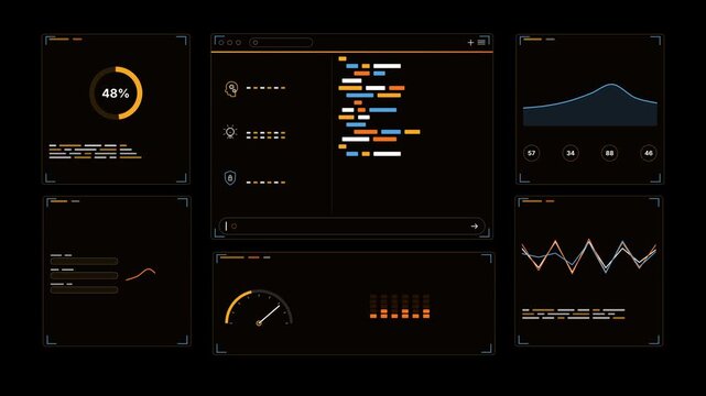 AI Analytics Overlay, Amber Orange Control Tower Dashboard, Seamless Loop, Data Visualization Panels, Gauge Chart Numbers, Futuristic UI Elements, Dark Background, Technology Interface