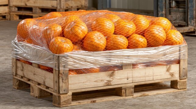 Orange fruit packed in wooden crate and netting