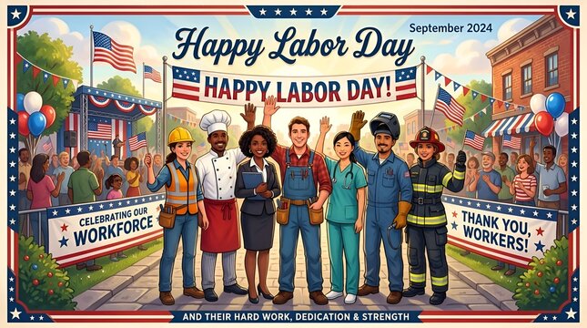 Happy Labor Day Parade: Diverse Workers, American Flags - September 2024