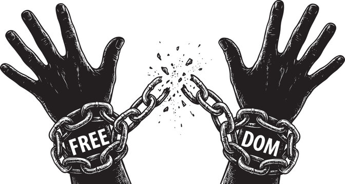 Black and white engraving of two hands breaking metal chains with the text free dom also transparent background