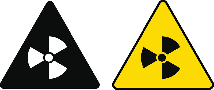 Triangle radioactive radiation warning sign vector icon set. Atomic nuclear hazard danger caution symbol collection. Black and yellow triangle biohazard alert sign