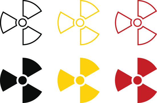 Radioactive nuclear radiation hazard vector icon set. Atomic energy biohazard toxic danger alert symbol collection. Black yellow and red outline and solid radioactive warning