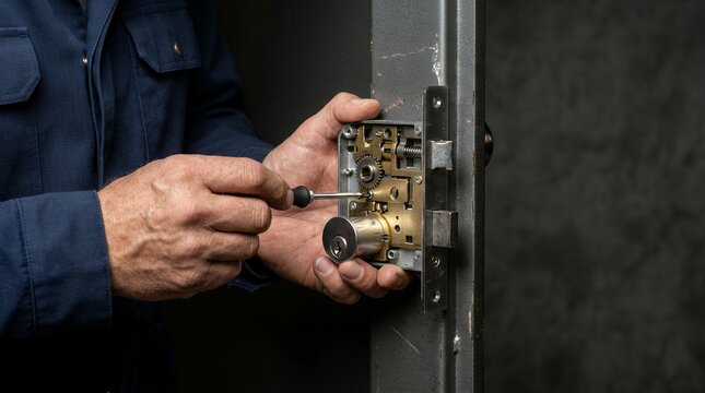 Professional locksmith repairing a complex metallic door lock mechanism with a screwdriver.