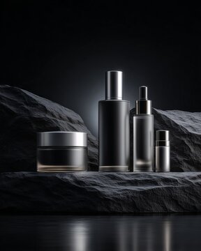 Luxury Black Cosmetic Bottles and Cream Jar on Black Rock Pedestal Mockup