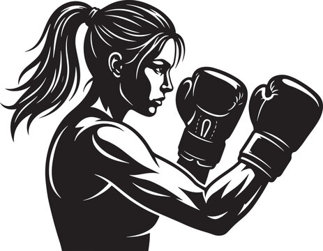 Black and white of a determined female boxer in profile, wearing boxing gloves and athletic stance with hair in a ponytail also transparent background
